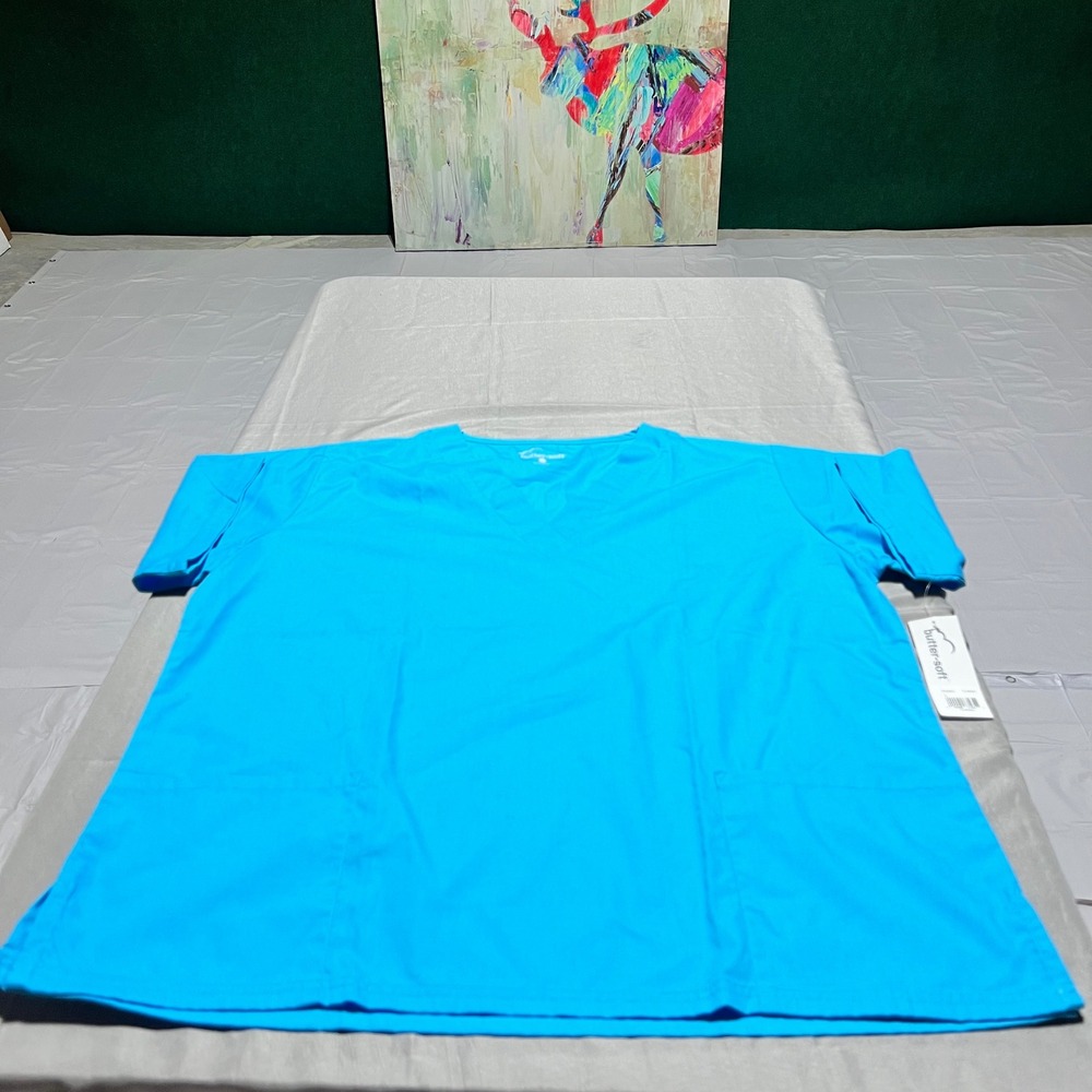 Butter-Soft Scrub Top Turquoise V-Neck Short Sleeve Pockets PC62C Large NEW